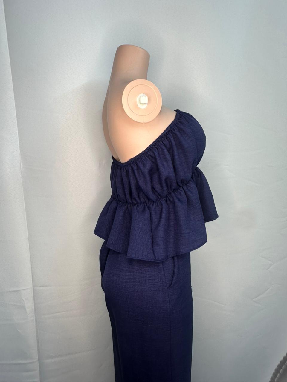 Ensemble 2 pièces Navy — Top Bandeau Froncé & Pantalon Large en Lin Gaufré