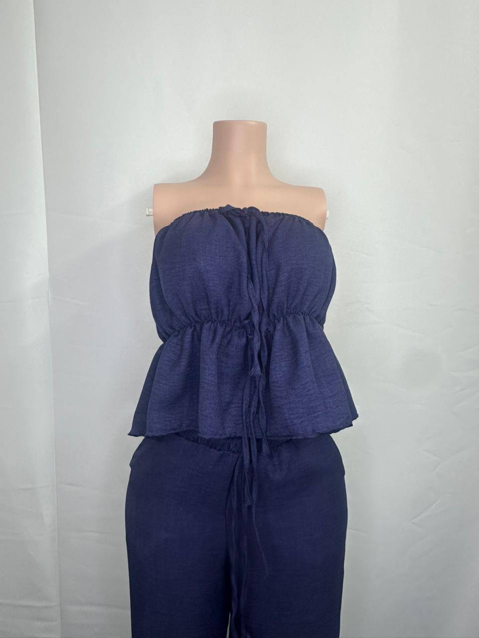 Ensemble 2 pièces Navy — Top Bandeau Froncé & Pantalon Large en Lin Gaufré