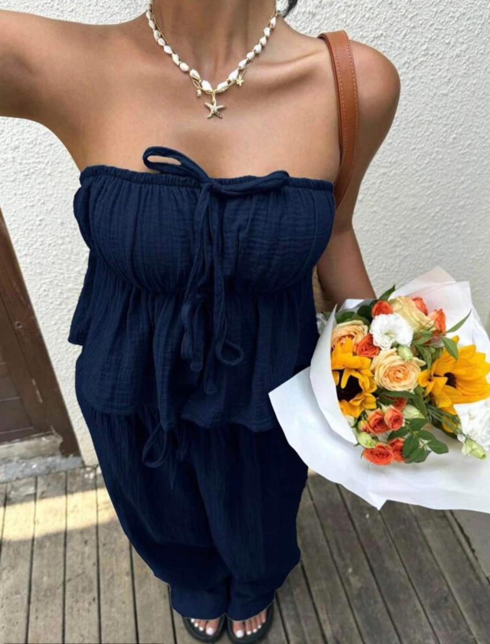 Ensemble 2 pièces Navy — Top Bandeau Froncé & Pantalon Large en Lin Gaufré
