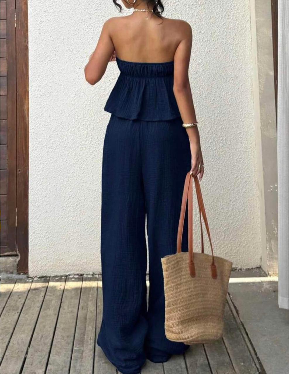 Ensemble 2 pièces Navy — Top Bandeau Froncé & Pantalon Large en Lin Gaufré